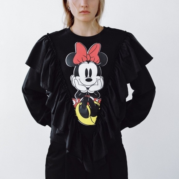 Zara Minnie mouse Disney sweatshirt‎ size S ruffle  black red - Picture 1 of 14
